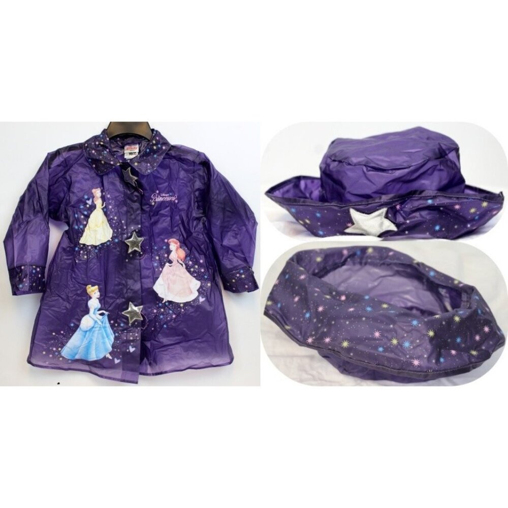 Disney Store Purple Raincoat Hat sz 6 Purple PVC Stars Ariel Cinderella Belle
